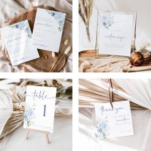 May include: A set of printable bridal shower invitations, table numbers, a thank you card, and a sign. The design features a watercolour illustration of blue hydrangeas and greenery. The text on the invitations reads "Kindly join us for a bridal shower honouring Jessica Collins". The table number card reads "Table 1". The thank you card reads "Thank you for coming to Samantha's Bridal Shower". The sign reads "Fully Editable Custom Sign Use this template to craft limitless custom designs".