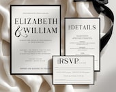 Old Money Wedding Invitation Template, Black and White Luxury Invite Suite, Elegant Formal Canva Editable RSVP Details Card Set