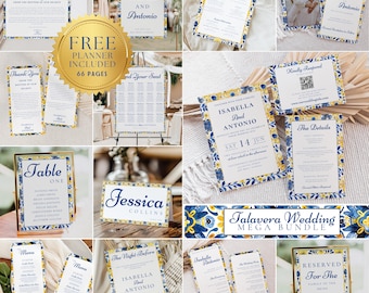 Bundle de modèles de mariage Talavera bleu et jaune, mariage à thème Hacienda, mariage Talavera mexicain classique, Canva Edit téléchargement immédiat