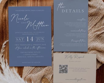Franse blauwe bruiloft uitnodigingsset, bruiloftsuitnodiging suite lichtblauw, stoffige blauwe uitnodigingen met QR-code RSVP, bewerkbare sjabloon DIY-bundel