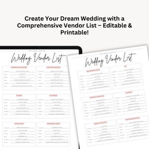 May include: A printable wedding vendor list template with sections for wedding planner, photographer, baker, caterer, officiant, wedding venue, reception venue, rental company, florist, make-up artist, and transportation. The template is designed for Taylor & Justin.