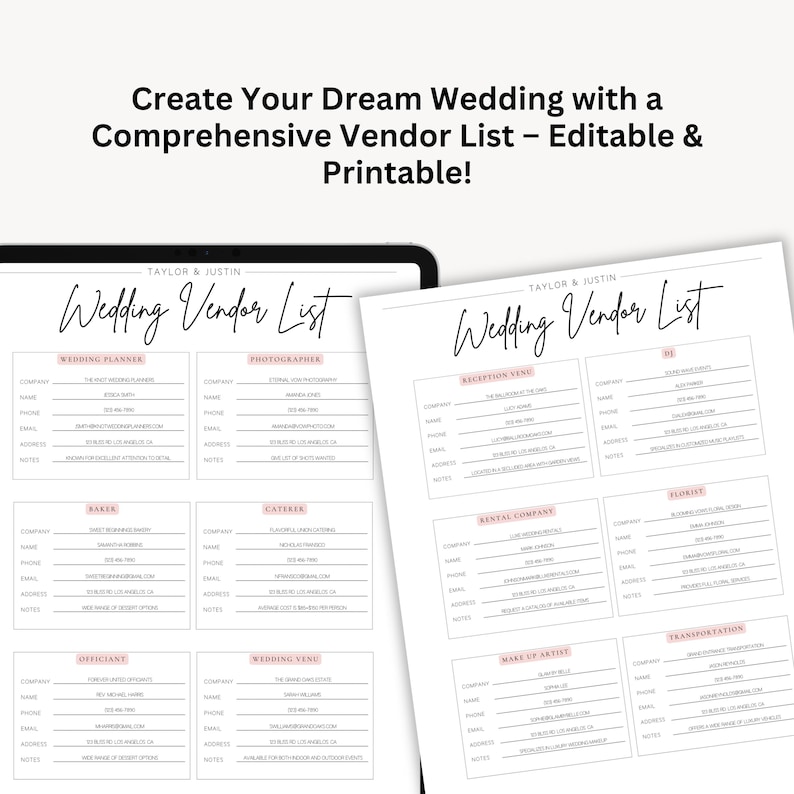 May include: A printable wedding vendor list template with sections for wedding planner, photographer, baker, caterer, officiant, wedding venue, reception venue, rental company, florist, make-up artist, and transportation. The template is designed for Taylor & Justin.
