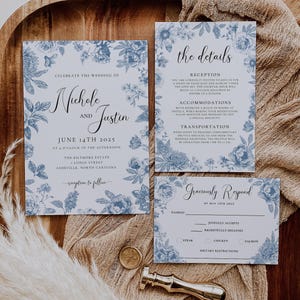 Dusty Blue Toile de Jouy Wedding Invitation Set, French Chinoiserie Wedding Invite Suite, Editable Vintage Floral Template, French Floral