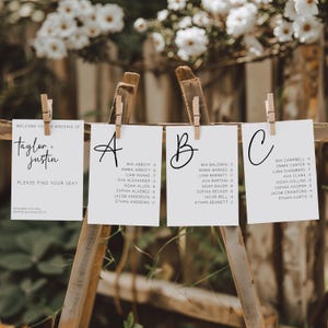Alfabetische bruiloft zitplaatsen tabel bewerkbare minimalistische afdrukbare plattegrond modern bruiloft bord elegante zitplaatsen sjabloon downloaden