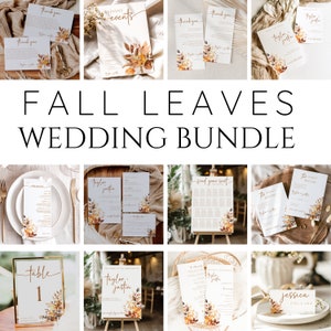 Può includere: Un set di inviti per matrimonio autunnali con un design ad acquerello che presenta foglie autunnali in tonalità di arancione, giallo e marrone. Il set include vari modelli stampabili per un fine settimana di matrimonio, tra cui un cartello di benvenuto, un piano di posti a sedere, un menu e numeri di tavolo.