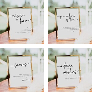 Pu&ograve; includere: Quattro cartelli con cornice dorata, sfondo bianco e calligrafia nera. I cartelli recitano "cigar bar", "generations of love", "favors" e "advice and wishes".