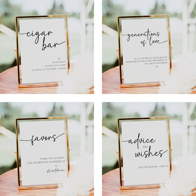 Pu&ograve; includere: Quattro cartelli con cornice dorata, sfondo bianco e calligrafia nera. I cartelli recitano "cigar bar", "generations of love", "favors" e "advice and wishes".