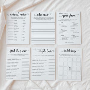 May include: A set of printable bridal shower games with black text on white paper. The games include "Animal Mates", "Who Am I", "What's on Your Phone", "Find the Guest", "Who Knows the Couple Best", and "Bridal Bingo".