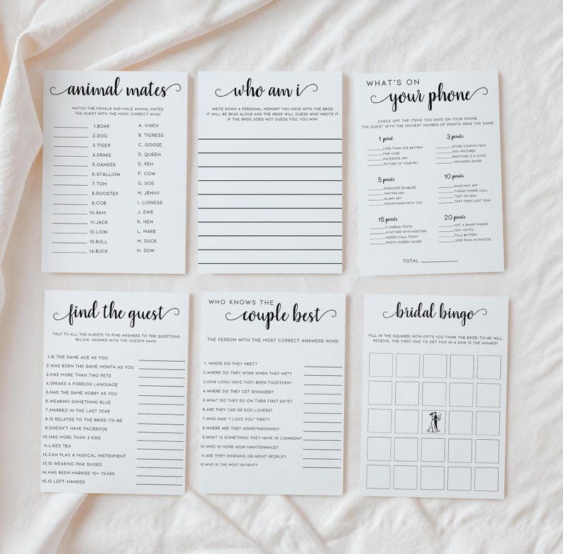 May include: A set of printable bridal shower games with black text on white paper. The games include "Animal Mates", "Who Am I", "What's on Your Phone", "Find the Guest", "Who Knows the Couple Best", and "Bridal Bingo".
