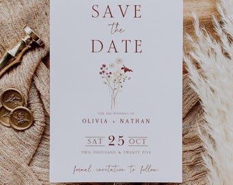 Carte réservez la date automne, orange brûlé imprimable, modèle modifiable floral automne en terre cuite, invitation mariage bohème rustique réservez la date