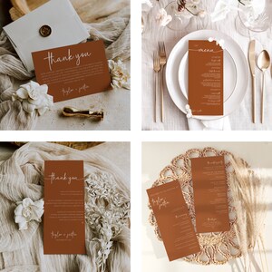 May include: Four different cards with a brown background and white text. The cards are for a wedding and include a thank you card, a welcome card, a menu card, and a wedding party card. The cards are all decorated with a simple, elegant design.
