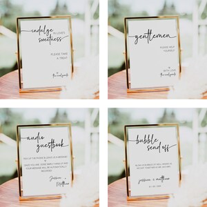 Pu&ograve; includere: Quattro cartelli con cornice dorata, sfondo bianco e calligrafia nera. I cartelli recitano "indulge in love's sweetness", "gentlemen please help yourself", "audio guestbook", e "bubble send off".