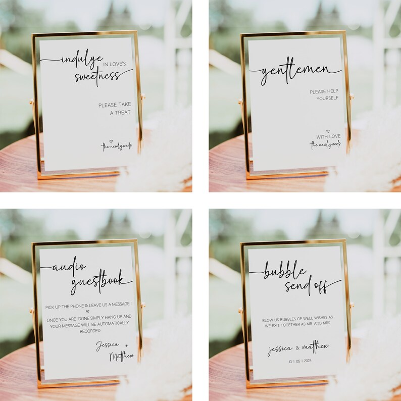 Pu&ograve; includere: Quattro cartelli con cornice dorata, sfondo bianco e calligrafia nera. I cartelli recitano "indulge in love's sweetness", "gentlemen please help yourself", "audio guestbook", e "bubble send off".