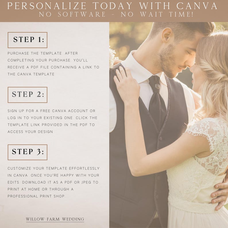 May include: A wedding template advertisement with the text "Personalize Today with Canva." The image features a couple embracing, with instructions on how to purchase, access, and customize the template. The template is for a wedding.
