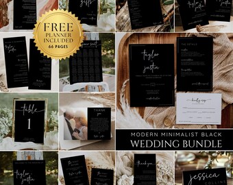 Modern Black Wedding Reception Bundle, Printable Minimalist Black and White Wedding Signage, Fully Editable DIY Wedding Reception Signs