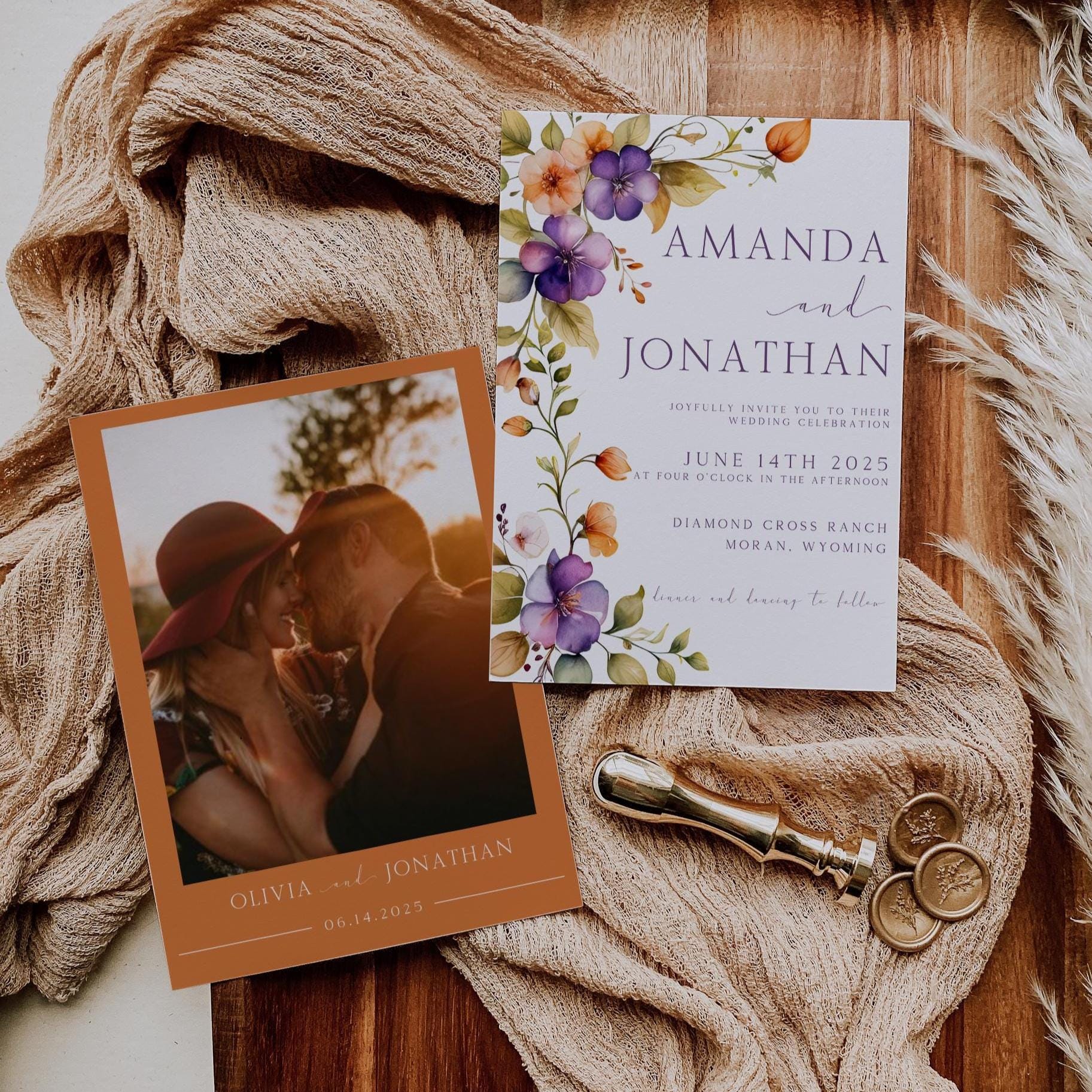 Burnt Orange and Purple Floral Wedding Invitation Suite, Fall Rustic ...