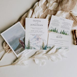 Mountain Wedding Invitation Suite, Rustic Pine Tree Forest Wedding Template, Misty Woodland Outdoor Summer, Editable Instant Download