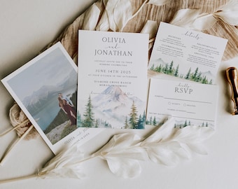 Mountain Wedding Invitation Suite, Rustic Pine Tree Forest Wedding Template, Misty Woodland Outdoor Summer, Editable Instant Download