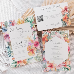 Tropical Wedding Invitation Template, Printable Beach Wedding Invite, Bright Colorful Editable Wedding Suite, Destination Wedding