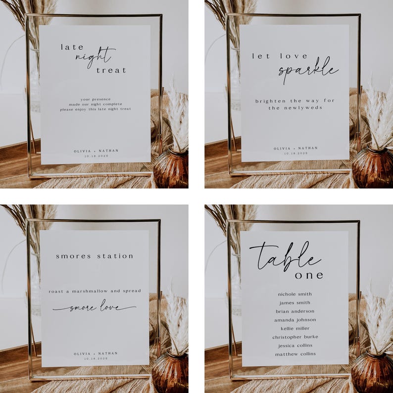 May include: Four framed wedding signs with gold trim and white backgrounds. The signs have black text with phrases like "late night treat", "let love sparkle", "smores station", and "table one". Decorative elements include dried flowers.