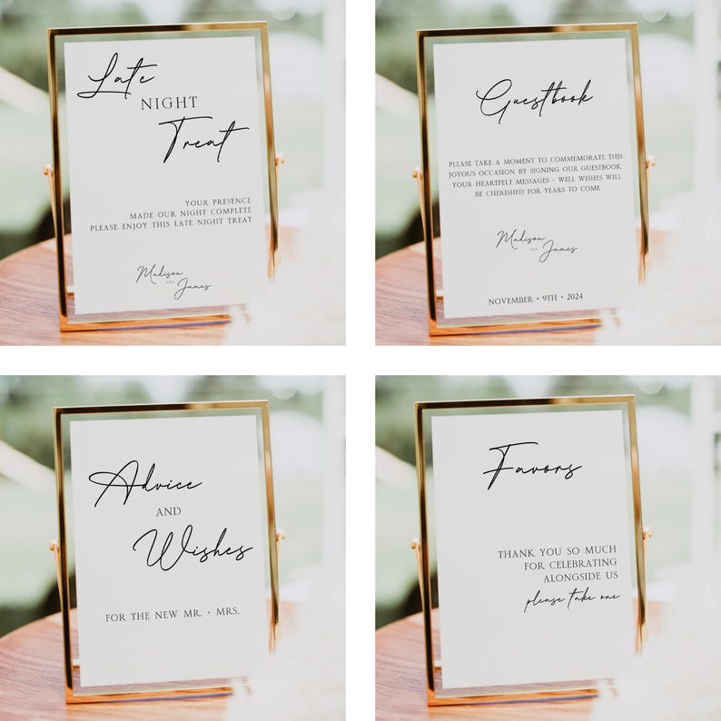 May include: Four gold-framed signs with white backgrounds and black calligraphy. The signs read "Late Night Treat", "Guestbook", "Advice and Wishes", and "Favors".