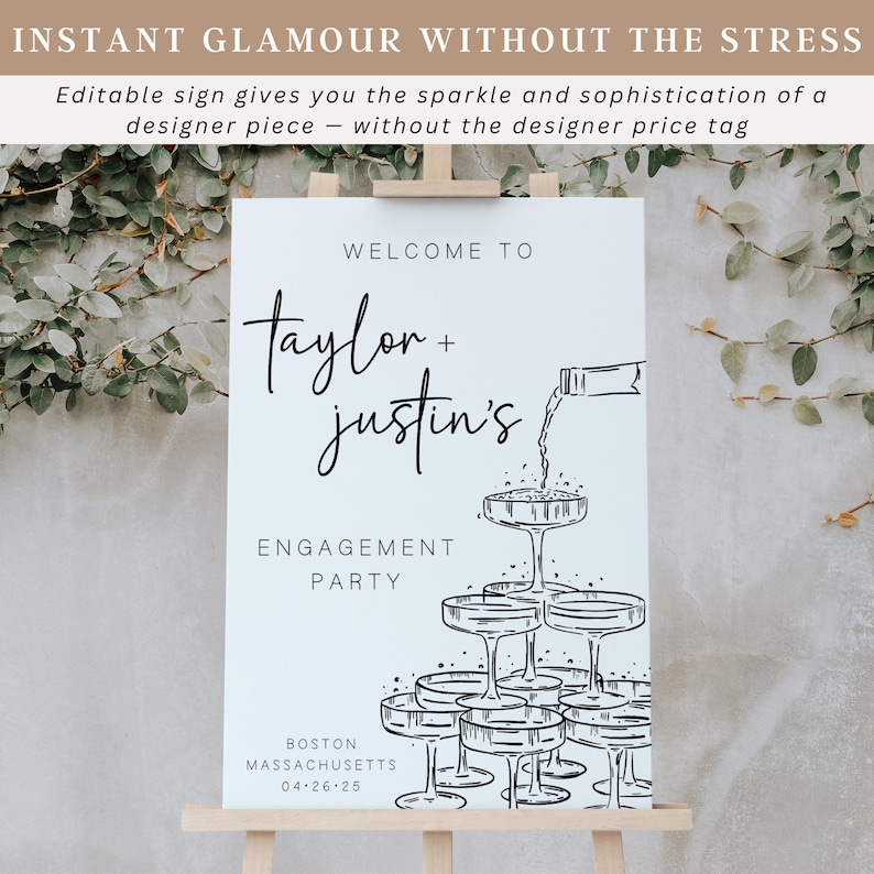 Minimalist editable sign for engagement party entryway, designed for easy printing and fast setup