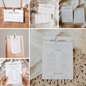 Modèle d'itinéraire de sac de bienvenue de mariage, carte de chronologie moderne, cartes de commande de mariage des événements, modèle de toile, téléchargement immédiat, informations de mariage