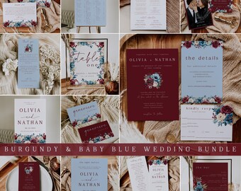 Bordeauxrode babyblauwe bruiloftsbundel bewerkbare megabundel marineblauwe uitnodigingssuite canva bruiloftssjablonen Complete bruiloftset