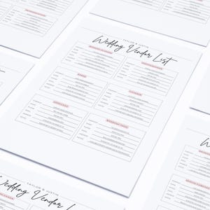 May include: A printable wedding vendor list checklist with sections for wedding planner, photographer, baker, caterer, officiant, wedding venue, rental company, and reception. The list includes fields for company name, contact name, phone number, email, address, and notes.