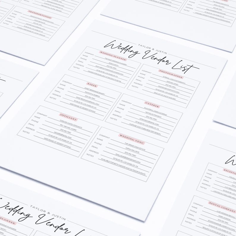 May include: A printable wedding vendor list checklist with sections for wedding planner, photographer, baker, caterer, officiant, wedding venue, rental company, and reception. The list includes fields for company name, contact name, phone number, email, address, and notes.