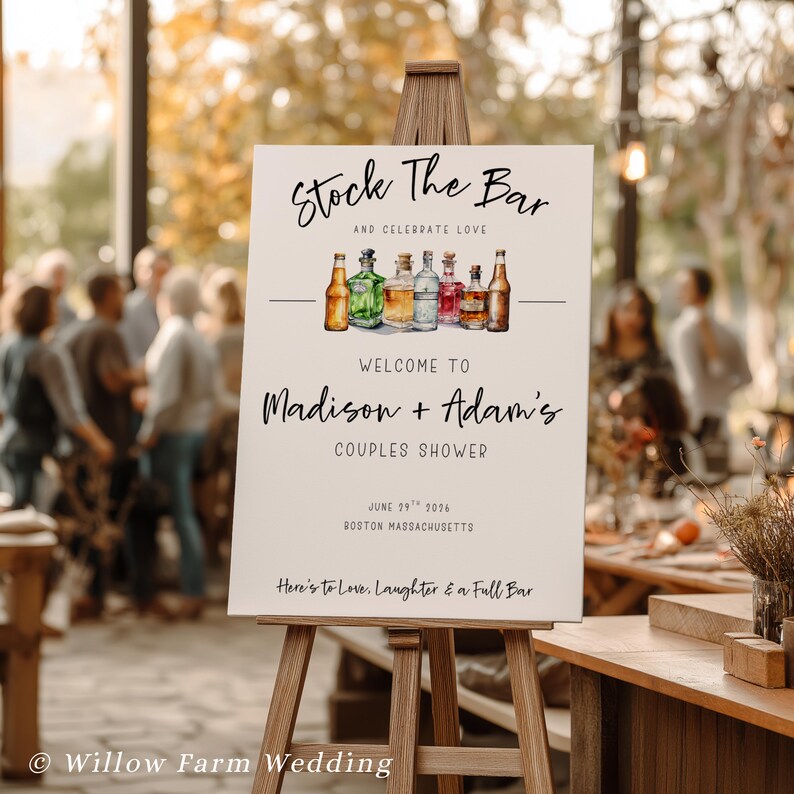 Editable wedding shower sign for Stock the Bar theme, perfect for couples engagement parties
