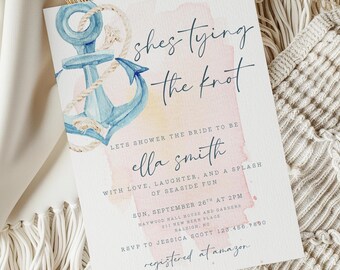 Op de afbeelding: Een uitnodiging voor een bruidsdouche met een aquarel ankerontwerp in blauw en beige. De tekst "shes tying the knot" is geschreven in elegant schrift. De tekst bevat de naam van de bruid, evenementdetails en RSVP-informatie.