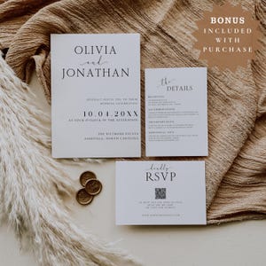 Elegant Minimalist Wedding Invitation Suite with QR Code, Modern Wedding Bundle, Simple Stationery Set Fully Editable DIY Printable Template