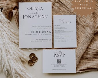 Elegante paquete de invitaciones de boda minimalistas con código QR, paquete de boda moderno, papelería sencilla, plantilla imprimible totalmente editable.