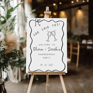 波状の婚約パーティーサイン、気まぐれな婚約パーティーデコレーション、手描きの婚約ウェルカムサイン、シャンパン DIY ウェディングサイン