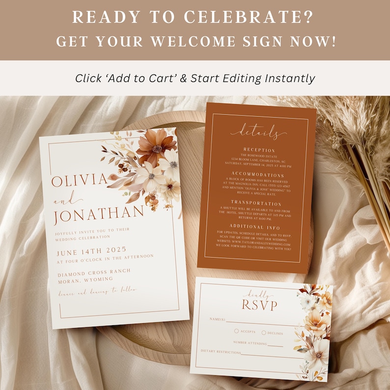 Chic and minimal floral invite with editable fields, a top choice for modern boho weddings