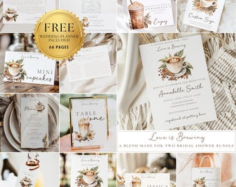 Love Is Brewing Bridal Shower Bundle, Editable Digital Download Coffee Bridal Shower Games, Printable Brunch Invite, Bridal Shower Sign