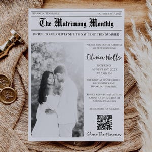 Newspaper Bridal Shower Invitation Template, Classic Chic Wedding Shower Invite, Editable Printable Bridal Brunch, Canva Template