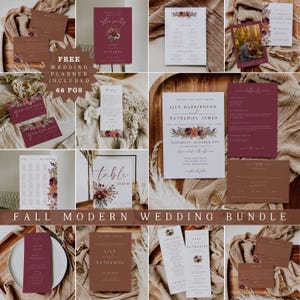 Fall Floral Wedding Invitation Suite, Burnt Orange Boho Invite Bundle, Terracotta Printable Set, Wildflower Autumn Wedding Templates