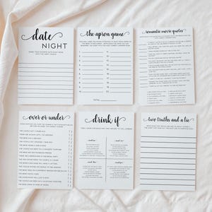 May include: A set of printable bridal shower game cards with black text on white paper. The games include "Date Night", "The Apron Game", "Over or Under", "Drink If", "Romantic Movie Quotes", and "Two Truths and a Lie".