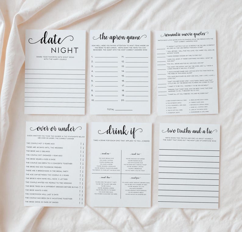 May include: A set of printable bridal shower game cards with black text on white paper. The games include "Date Night", "The Apron Game", "Over or Under", "Drink If", "Romantic Movie Quotes", and "Two Truths and a Lie".