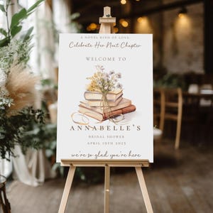 Modello di cartello di benvenuto per addio al nubilato &quot;New Chapter&quot;, poster modificabile a tema libro di fiabe, cartello per festa a tema libro, decorazione &quot;A New Story Begins&quot;