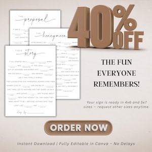 Bridal shower mad libs printable featuring sentimental and humorous prompts for brides and guests