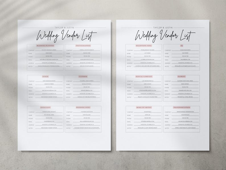 May include: A printable wedding vendor list checklist with categories for Wedding Planner, Photographer, Venue, Caterer, Florist, DJ, Rental Company, Transportation, Make-up Artist, and Wedding Cake.