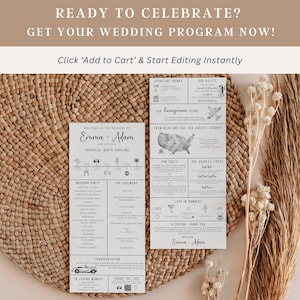 Digital wedding program template combining custom icons, timeline, inclusive text, designed for wedding planners and engaged couples