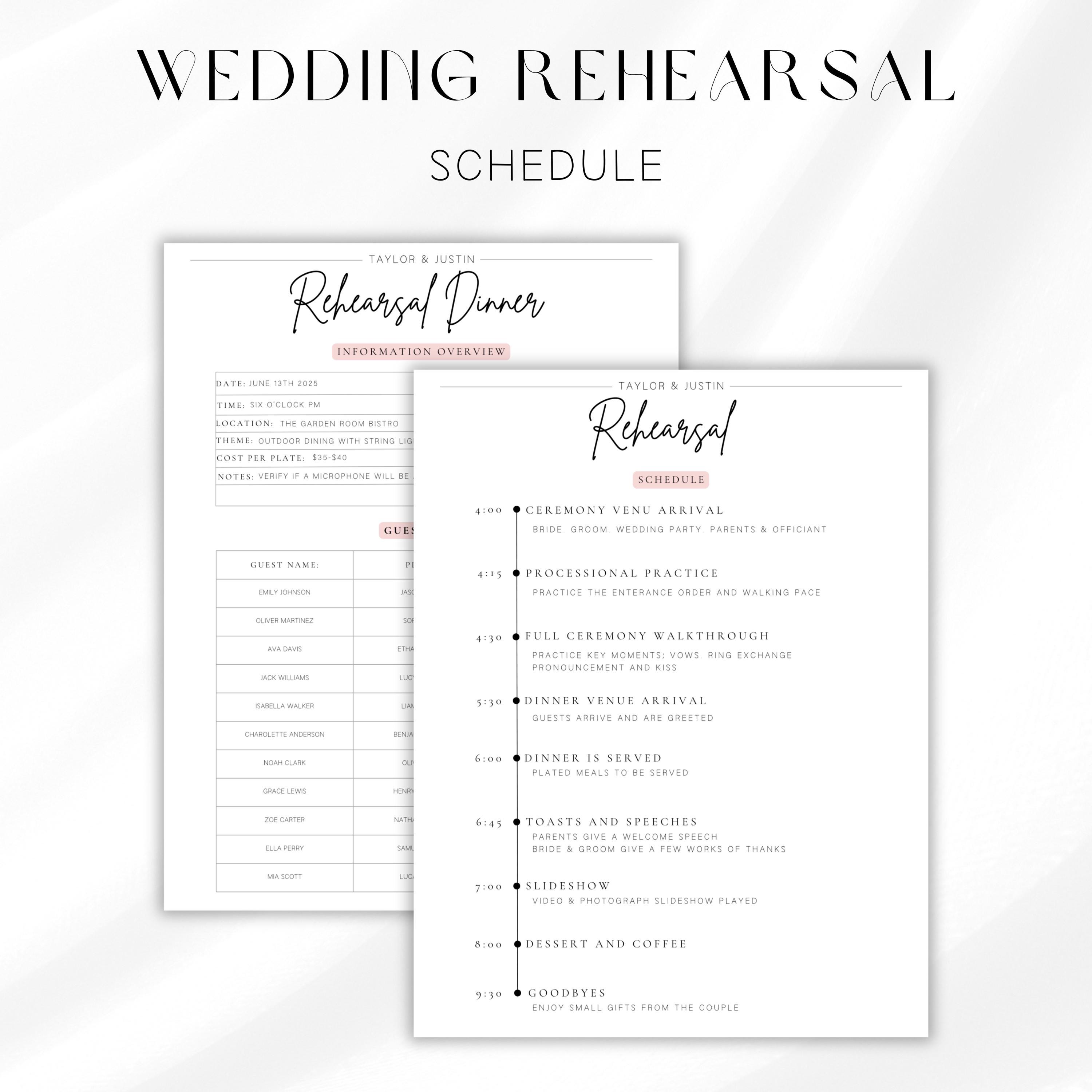 Wedding Rehearsal Schedule and Dinner Template, Wedding Rehearsal Planner, Printable Wedding, Editable Rehearsal Dinner Event Plan Organizer