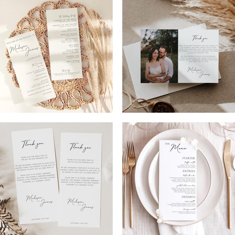 May include: A set of wedding stationery featuring a minimalist design. The stationery includes a welcome sign, ceremony programme, wedding menu, thank you card, and a photo card. The stationery is printed on white cardstock with black calligraphy.