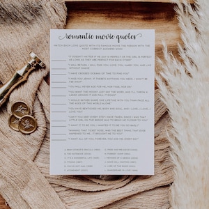 Bruiloft filmcitaten vrijgezellenfeest spel, minimalistische romantische filmtrivia, afdrukbare liefdescitatenspel, bewerkbare canva-sjabloon downloaden