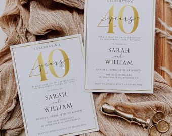 May include: Two gold and white wedding anniversary invitations with gold foil accents. The invitations announce the celebration of 40 years of marriage for Sarah and William. The invitations include the date, time, and location of the event. RSVP information is also included.