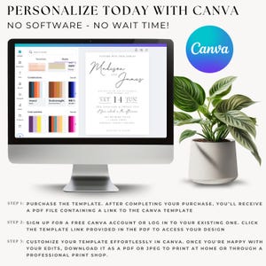 May include: A computer screen showing a wedding invitation template in Canva. The invitation is for a wedding on Saturday, 14th June, for Madison and James. The text "PERSONALIZE TODAY WITH CANVA NO SOFTWARE - NO WAIT TIME!" is at the top of the image.